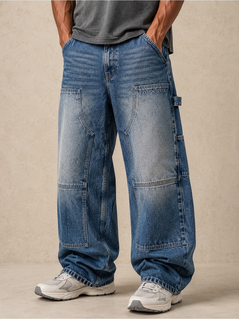 YoungLA 6015 Double Knee Carpenter Baggy Workwear Jeans Utility Denim 37x30.5 XL